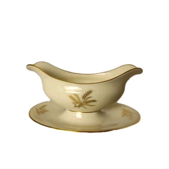 Lenox Harvest Wheat - 24k Gold Edged - Gravy Boat w/ Attached Underplate - EX!